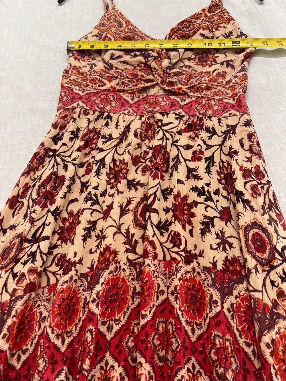 🌞 Angie Bohemian Peach & Burgundy Floral Print spagetti strin maxi dress women S - Picture 5 of 16